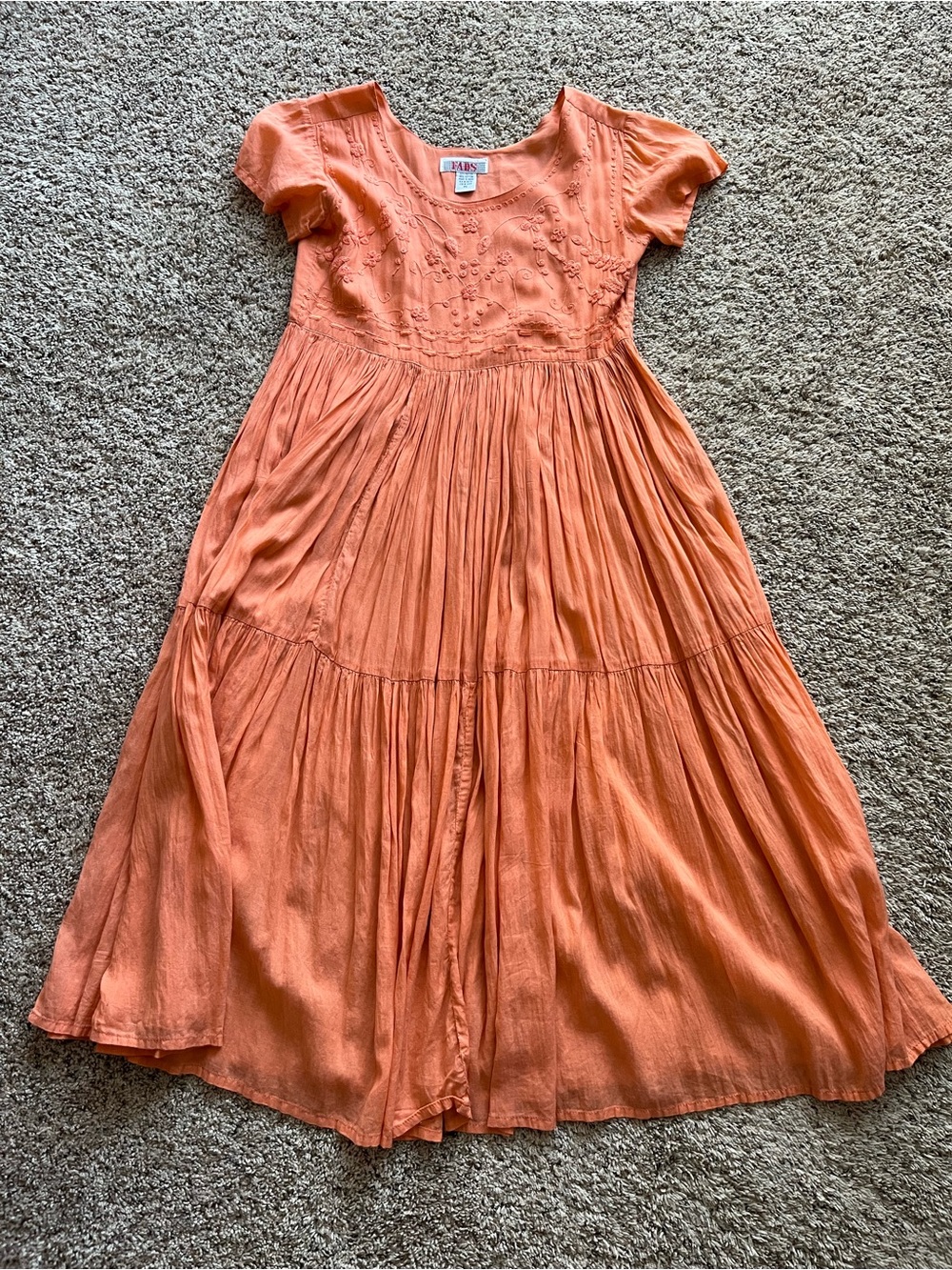 Orange Embroidered Tiered Midi Dress